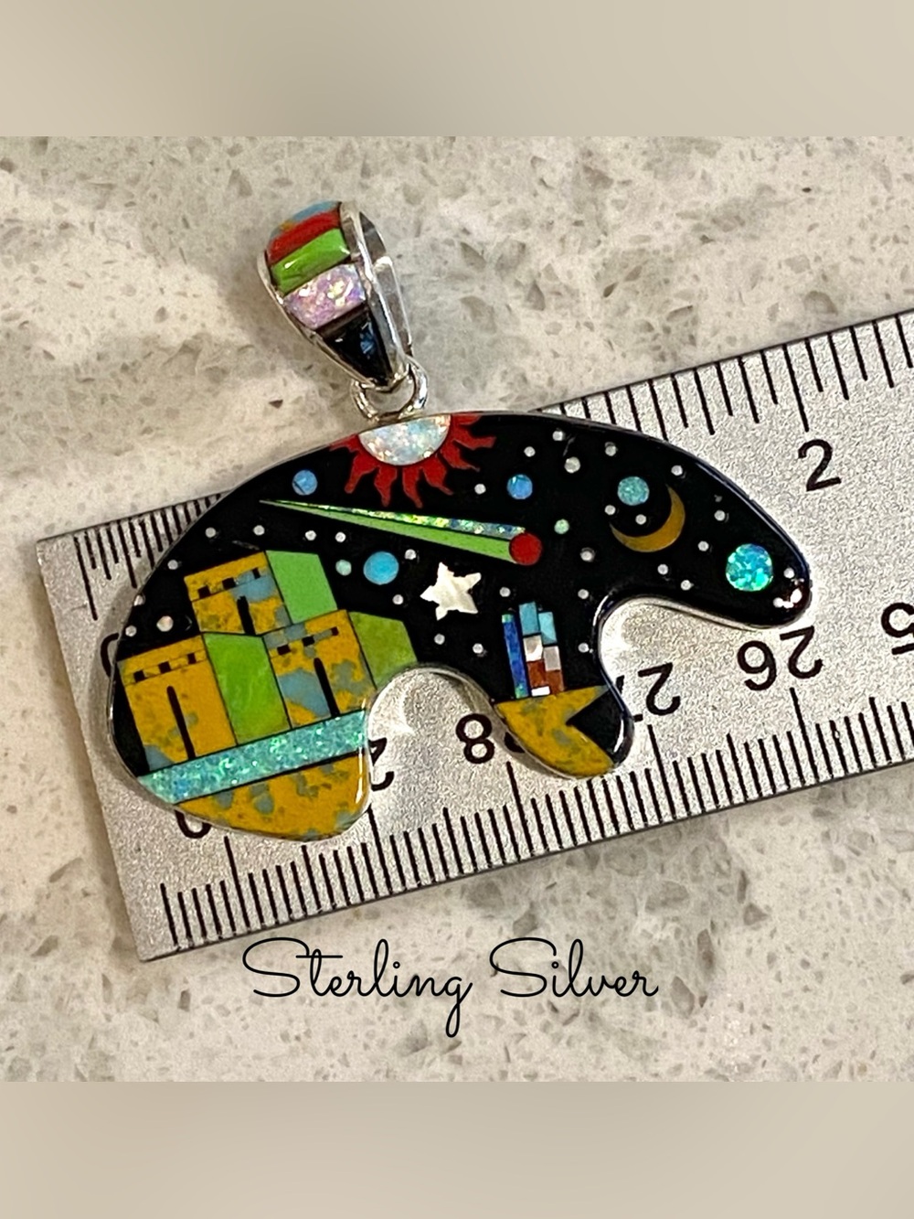 Sterling Silver - Inlay bear pendant w/ pueblo and night sky design - Picture 12 of 13